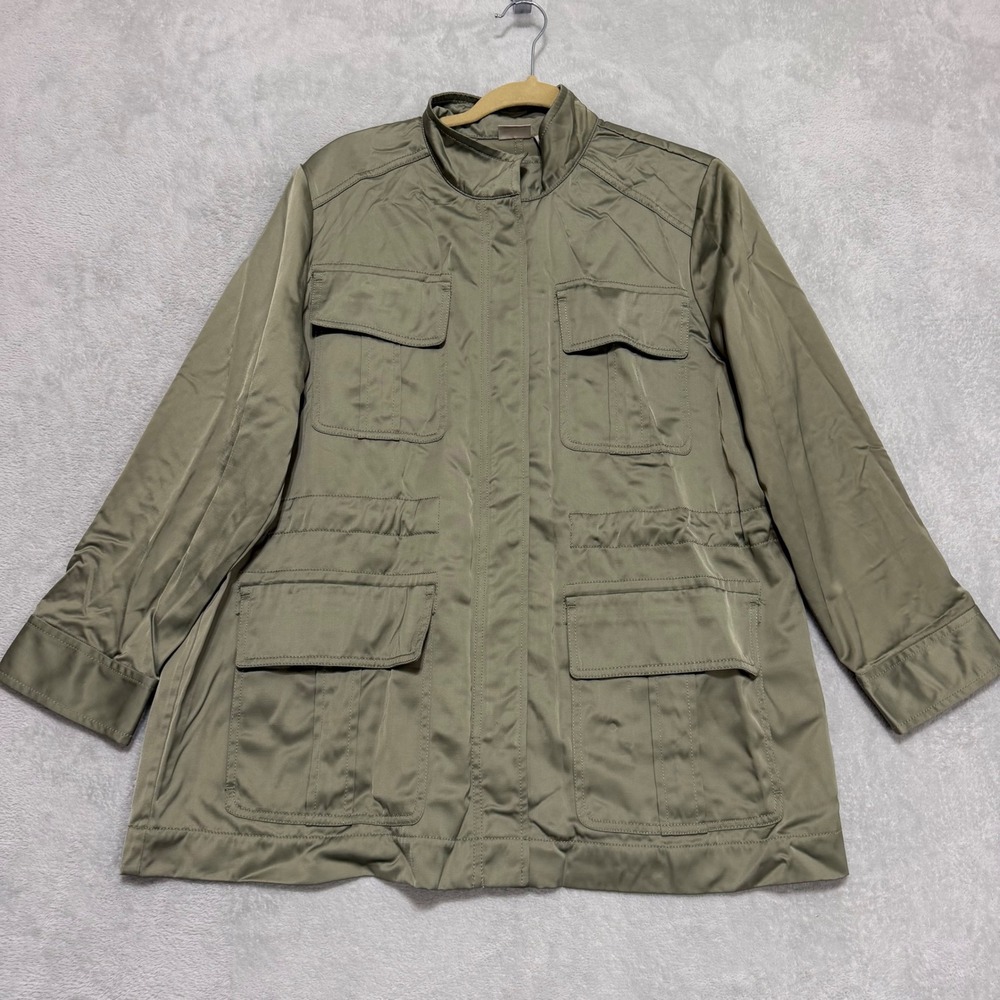 Chico's Utility Jacket Women 3P Olive Green Satin Anorak Field Coat 16P 18P - Picture 2 of 12